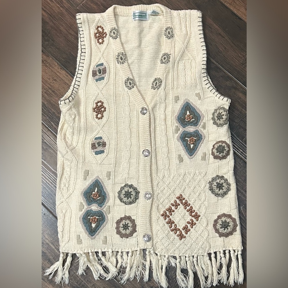 VINTAGE Shenanigans cotton embroidered beaded fringe sweater vest Sz S